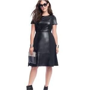 ELOQUII Faux Vegan Leather/Black Ponte Knit Short Sleeve Midi Dress LBD sz 24